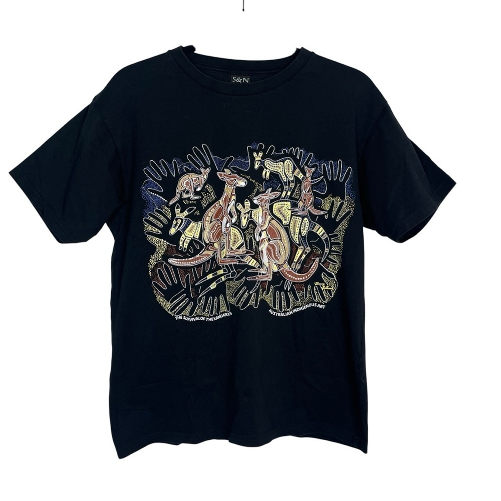 ABORGINAL ART Survival of the Kangaroos Unisex Black T-Shirt Small Australian